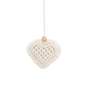 Heart Shaped Boho Handmade Macrame Cotton Hanging Ornament, for Car Rear View Mirror Decoration, Snow, 80x95mm