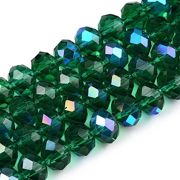 Electroplate Glass Beads Strands, Half Rainbow Plated, Faceted, Rondelle, Green, 8x6mm, Hole: 1mm, about 64~65pcs/strand, 40~41cm