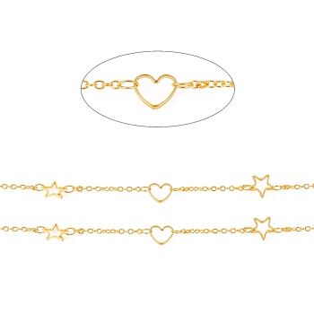 Brass Cable Chains, with Linking Rings, Soldered, with Spool, Long-Lasting Plated, Heart & Star,Real 18K Gold Plated, 1.6x2x0.4mm, about 32.8 Feet(10m)/roll