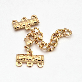Iron Chain Extender, Necklace Layering Clasps, with 3-Strand Cord Ends and Lobster Claw Clasp, Golden, 51mm, Hole: 2mm, End Chain: 20x13x2.5mm, Clasp: 15x9x3.5mm