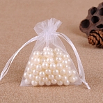 Organza Jewellery Storage Pouches, Wedding Favour Party Mesh Drawstring Gift Bags, Rectangle, White, 9x7cm(PW-WG76141-02)
