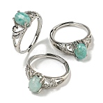 Oval Natural Amazonite Adjustable Rings, Brass Clear Cubic Zirconia Ring for Women, Long-Lasting Plated, Lead Free & Cadmium Free, Platinum, Inner Diameter: 18mm(RJEW-Q818-01P-01B)