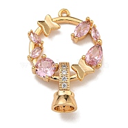 Brass Micro Pave Cubic Zirconia Fold Over Clasps, Ring with Butterfly, Real 18K Gold Plated, Pink, 27mm(KK-U037-30G-02)