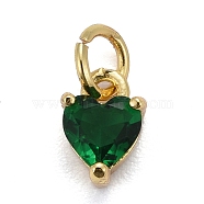 Brass Micro Pave Cubic Zirconia Charms, Long-Lasting Plated, Real 18K Gold Plated, Heart, Green, 8x5x3.5mm, Hole: 3mm(KK-P192-08-G06)