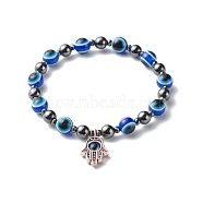 Evil Eye Resin Beads Stretch Bracelet for Girl Women, Synthetic Hematite Beads Bracelet with Hamsa Hand /Hand of Miriam Charm, Blue, Inner Diameter: 2-1/8 inch(5.3cm)(BJEW-JB06763-01)