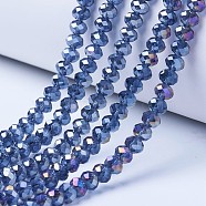 Electroplate Glass Beads Strands, AB Color Plated, Faceted, Rondelle, Marine Blue, 8x6mm, Hole: 1mm, about 63~65pcs/strand, 39~40cm(EGLA-A034-T8mm-B03)