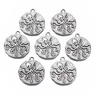 Tibetan Style Alloy Pendants, Cadmium Free & Nickel Free & Lead Free, Flat Round with Octopus, Thailand Sterling Silver Plated, 23.5x21x2mm, Hole: 2mm(PALLOY-S120-278-NR)
