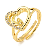 Heart with Letter Rack Plating Brass Micro Pave Cubic Zirconia Adjustable Rings for Women, Lead Free & Cadmium Free, Real 18K Gold Plated, Letter G, Inner Diameter: 16mm(RJEW-I105-06G-G)