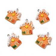 Opaque Resin Pendants, with Platinum Tone Iron Loops, Imitation Gingerbread, Christmas Theme, House, Sandy Brown, 30.5x29x5mm, Hole: 2mm(RESI-D055-123P)