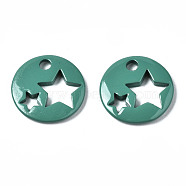 Spray Painted Brass Charms, Flat Round with Star, Teal, 14.5x14.5x2.5mm, Hole: 2mm(KK-Q252-003B)