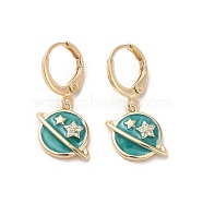 Planet Real 18K Gold Plated Brass Dangle Leverback Earrings, with Enamel and Cubic Zirconia, Dark Turquoise, 26.5x15mm(EJEW-L268-034G-01)