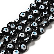 Handmade Evil Eye Lampwork Beads Strands, Flat Round, Black, 12.5x7.5mm, Hole: 1.6mm, about 33pcs/strand, 15.12''(38.4cm)(LAMP-E030-03B)
