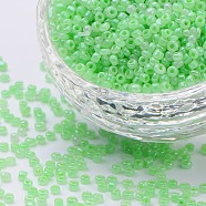 (Repacking Service Available) Glass Seed Beads, Ceylon, Round, Pale Green, 12/0, 2mm, Hole: 1mm, about 12g/bag(SEED-C020-2mm-144)