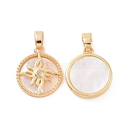 Brass Micro Pave Clear Cubic Zirconia Pendants, with Shell, Flat Round with Sun Charm, Real 18K Gold Plated, 16.5x14x2.5mm, Hole: 5x3mm(KK-E068-VC128)