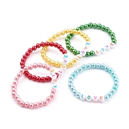Round Acrylic Imitation Pearl Stretch Beaded Bracelets for Kids, with Letter Beads, Word Love, Mixed Color, Inner Diameter: 1-7/8 inch(4.7cm)(BJEW-JB05943)