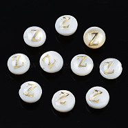 Natural Freshwater Shell Beads, with Golden Plated Brass Etched Metal Embellishments, Flat Round with Letter, Seashell Color, Letter.Z, 6x4mm, Hole: 0.8mm(X-SHEL-S278-036Z)