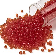 TOHO Round Seed Beads, Japanese Seed Beads, (5) Transparent Light Siam Ruby, 8/0, 3mm, Hole: 1mm, about 222pcs/bottle, 10g/bottle(SEED-JPTR08-0005)