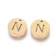 304 Stainless Steel Charms, Ion Plating (IP), Flat Round, Letter.N, 10x1.5mm, Hole: 1mm(STAS-F227-11N-G)
