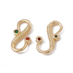 Brass S-Hook Clasps, with Red & Green Glass Rhinestone, Real 18K Gold Plated, 13x6.5x1.5mm(KK-A171-16G)