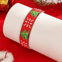 Christmas Tree Glass Seed Bead Loom Pattern Braided Bead Bracelets for Men and Women, Red, Inner Diameter: 2-3/8~3-1/8 inch(6~8cm)(OF8093)