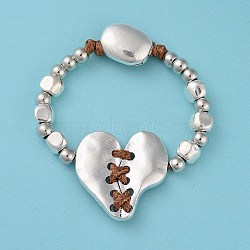 Alloy Splite Heart Beaded Bracelet, Silver, 6-7/8 inch(17.5cm)(BJEW-A143-01)