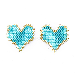Handmade Seed Beads Pendants, with Elastic Thread, Loom Pattern, Heart, Turquoise, 27x26x1.5~2mm(SEED-I012-29)
