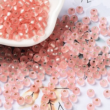6/0 Glass Seed Beads, Frosted, Silver Lined, Round, Light Coral, 4.5x3mm, Hole: 1mm