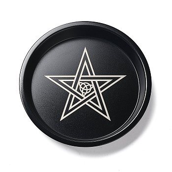 Carbon Steel Plate Candle Holder, Decorative Pillar Candle Plate, Witchcraft Table Centerpiece, Home Decoration, Black, Star & Trinity Knot, 198x26mm, Inner Diameter: 180mm