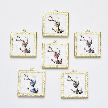 Printed Alloy Pendants, with Enamel, Cadmium Free & Lead Free, Square with Flower, Light Gold, Mixed Color, 33x30x2mm, Hole: 1.6mm