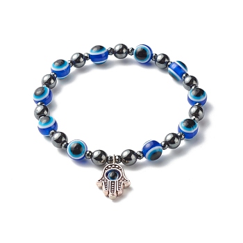 Evil Eye Resin Beads Stretch Bracelet for Girl Women, Synthetic Hematite Beads Bracelet with Hamsa Hand /Hand of Miriam Charm, Blue, Inner Diameter: 2-1/8 inch(5.3cm)