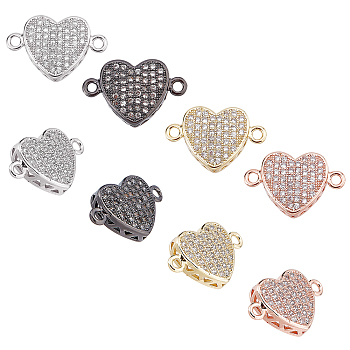 CHGCRAFT 8Pcs 4 Colors Brass Micro Pave Clear Cubic Zirconia Connector Charms, Heart, Mixed Color, 18x11.5x4mm, Hole: 2mm, 2pcs/color