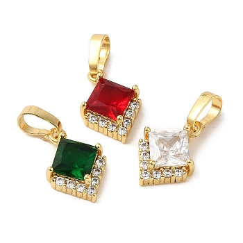 Brass Micro Pave Cubic Zirconia Pendants, with Glass, Real 18K Gold Plated, Rhombus, Mixed Color, 14x10x4.5mm, Hole: 6x4mm