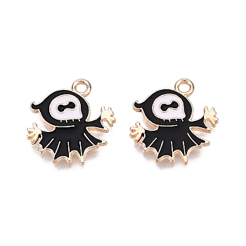 Halloween Theme Alloy Enamel Pendants, Cadmium Free & Lead Free, Light Gold, Ghost Charm, Black, 18x17x1.5mm, Hole: 1.8mm