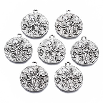 Tibetan Style Alloy Pendants, Cadmium Free & Nickel Free & Lead Free, Flat Round with Octopus, Thailand Sterling Silver Plated, 23.5x21x2mm, Hole: 2mm