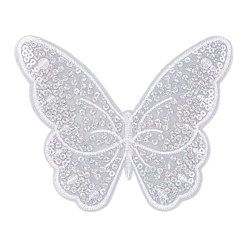 Computerized Embroidery Cloth Iron on/Sew on Patches, Costume Accessories, Paillette Appliques, Butterfly, White, 175x145x0.5mm