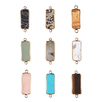 9Pcs 9 Styles Gemstone Links Connectors, with Light Gold Tone Brass Findings, Rectangle, 27~30x10x2.5mm, Hole: 2.5mm, 1pc/style