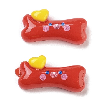 Opaque Resin Decoden Cabochons, Cartoon Dog Bone with Heart, Red, 27x13x7mm