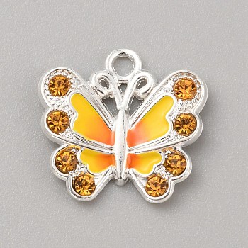 Alloy Enamel Pendants, with Rhinestones, Butterfly Charms, Gold, 21x22x3.7mm, Hole: 2.5mm