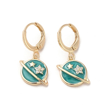 Planet Real 18K Gold Plated Brass Dangle Leverback Earrings, with Enamel and Cubic Zirconia, Dark Turquoise, 26.5x15mm