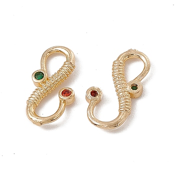 Brass S-Hook Clasps, with Red & Green Glass Rhinestone, Real 18K Gold Plated, 13x6.5x1.5mm