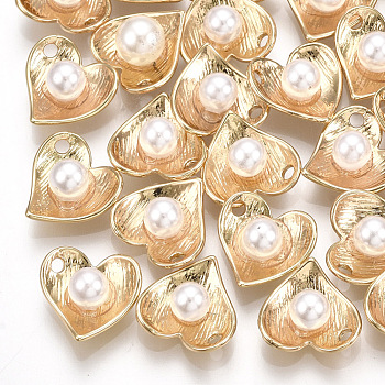 Brass Charms, with ABS Plastic Imitation Pearl, Heart, Creamy White, Real 18K Gold Plated, 10x10x5mm, Hole: 1.2mm
