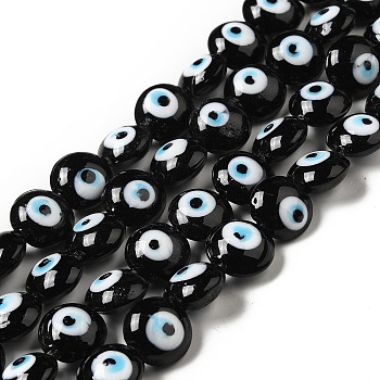 Handmade Evil Eye Lampwork Beads Strands, Flat Round, Black, 12.5x7.5mm, Hole: 1.6mm, about 33pcs/strand, 15.12''(38.4cm)