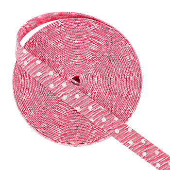 10 Yards Polycotton Ribbons, Garment Accessories, Polka Dot Pattern, Hot Pink, 3/8 inch(10mm)