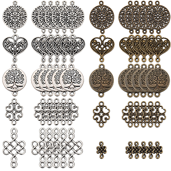 100Pcs 10 Styles Tibetan Style Alloy Connector Charms, Heart & Chinese Knot & Flat Round, Mixed Color, 7~31x11.5~21x1~2mm, Hole: 1~2.5mm, 10pcs/style