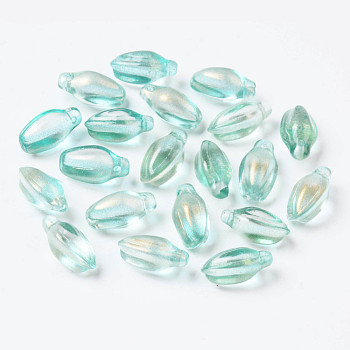 Transparent Spray Painted Glass Pendants, with Glitter Powder, Bud, Medium Turquoise, 15x8.5x7.5mm, Hole: 1.2mm