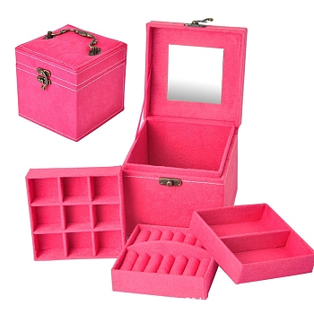 3 Layer Hand-Held Flocking Jewelry Storage Boxes, Large Capacity Jewelry Organizer Cases for Rings Earrings Bracelets, Square, Deep Pink, 12x12x12cm