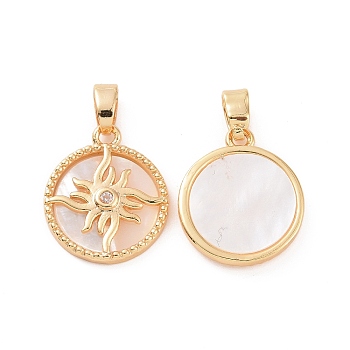 Brass Micro Pave Clear Cubic Zirconia Pendants, with Shell, Flat Round with Sun Charm, Real 18K Gold Plated, 16.5x14x2.5mm, Hole: 5x3mm