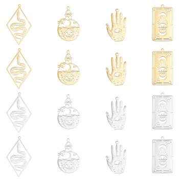 16Pcs 8 Style 201 Stainless Steel Pendants, Laser Cut, Palm with Eye & Rhombus & Rhombus, Golden & Stainless Steel Color, 30~41.5x18~25x1mm, Hole: 1.5~1.6mm, 2pcs/style