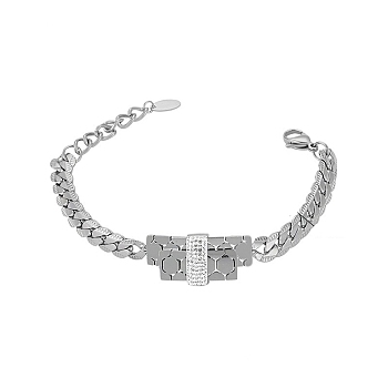 Cubic Zirconia Rectangle Link Bracelet with 304 Stainless Steel Chains, Stainless Steel Color, 7-1/8 inch(18cm)