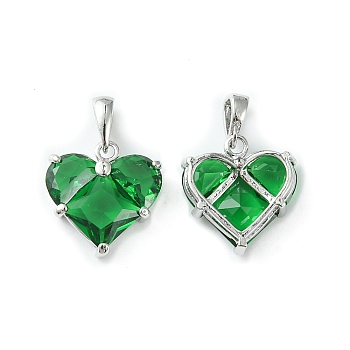 Brass Micro Pave Cubic Zirconia Charms, Heart Charm, Real Platinum Plated, Green, 14.5x13.5x5mm, Hole: 3x2.5mm